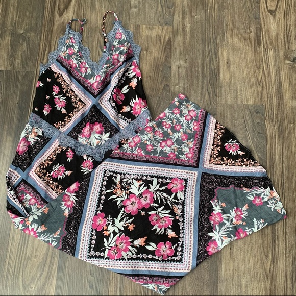 Free People NWT Black Floral Graphite Combo Maxi Slip Dress with Lace Detail - Picture 4 of 15